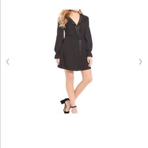 GIANNI BINI SILK BLACK TUXEDO STYLE FAUX WRAP LONG SLEEVE DRESS SIZE XS